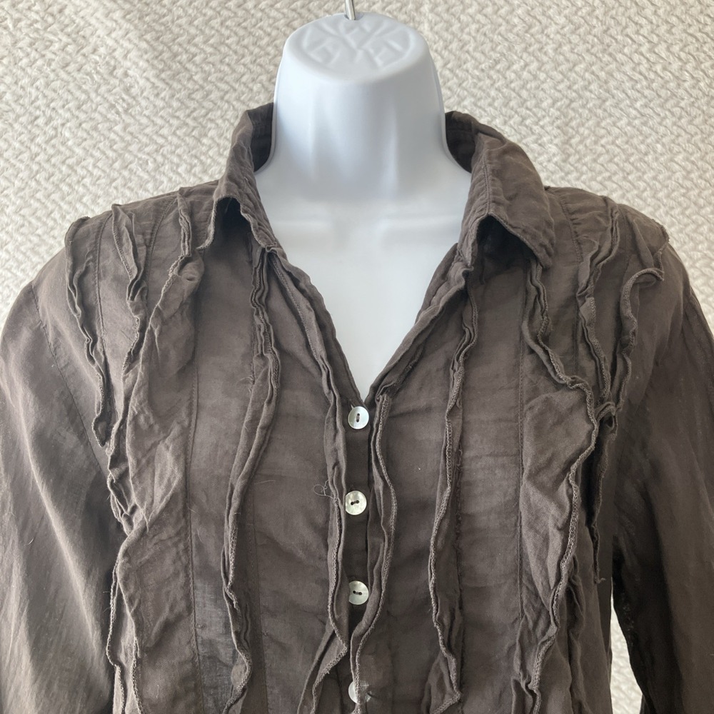 Sundance JP And Mattie Teal Pintuck Blouse Small Brown Ruffle Boho Lagenlook - Picture 3 of 10